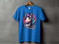 A blue Garment Graphics T-shirt is displayed on a wooden hanger with a gray backdrop. It features a vibrant unicorn head with purple hair and a horn, surrounded by stars, and reads I love my pony at the bottom—ideal for unicorn enthusiasts!.