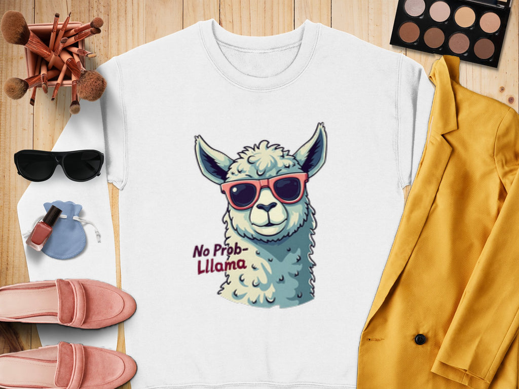 The Garment Graphics white No Prob-Llama sweatshirt, featuring a llama in red sunglasses, humorously complements a mustard yellow jacket and pink loafers. On a wooden surface with makeup items, extra sunglasses, brushes, a watch, and a blue pouch, this sweatshirt offers inclusive unisex sizing.
