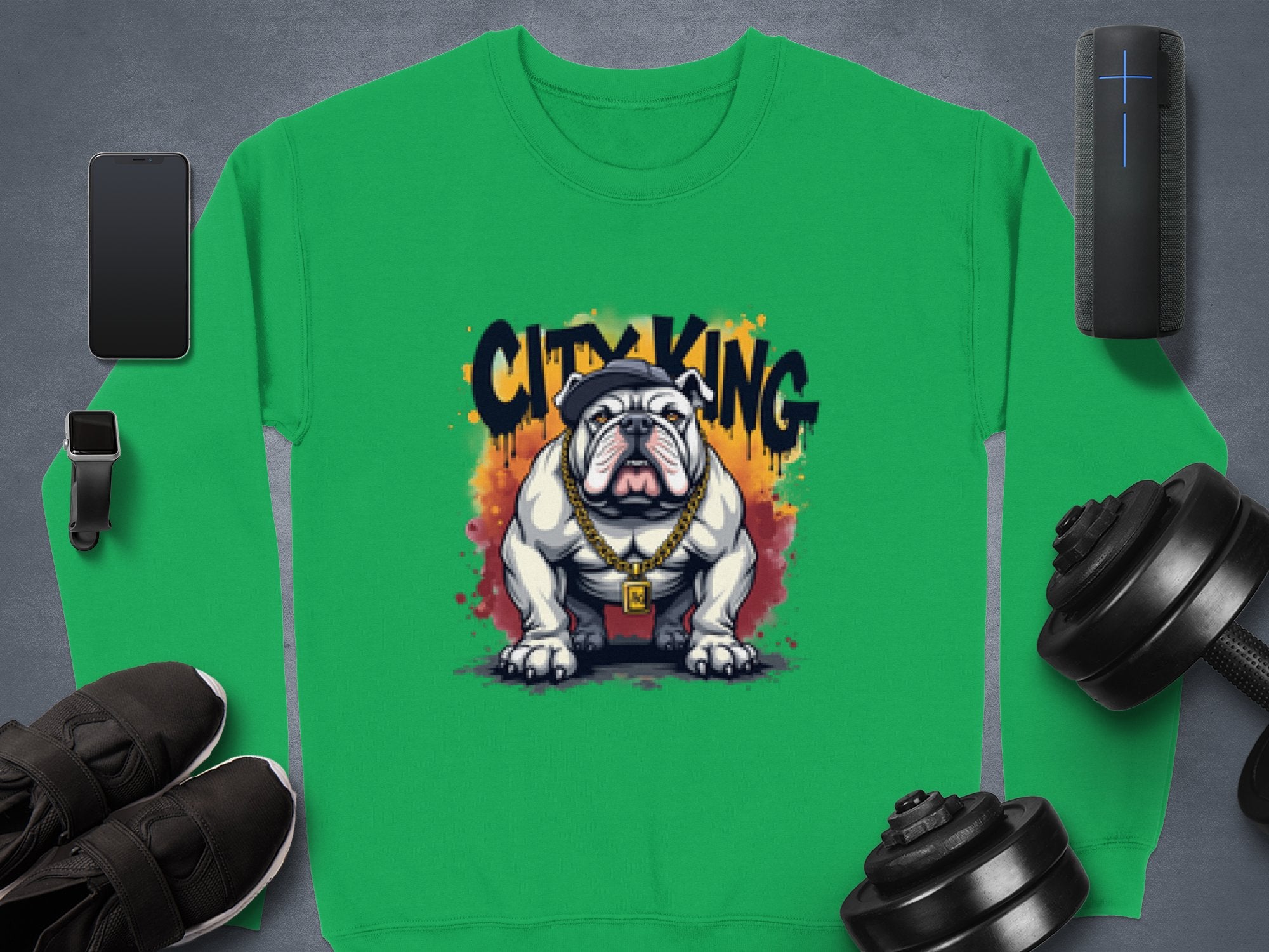 The green sweatshirt from Garment Graphics, featuring a bulldog with a gold chain and crown and the text CITY KING, stands out among essentials like a smartphone, smartwatch, wireless speaker, athletic shoes, and dumbbells.