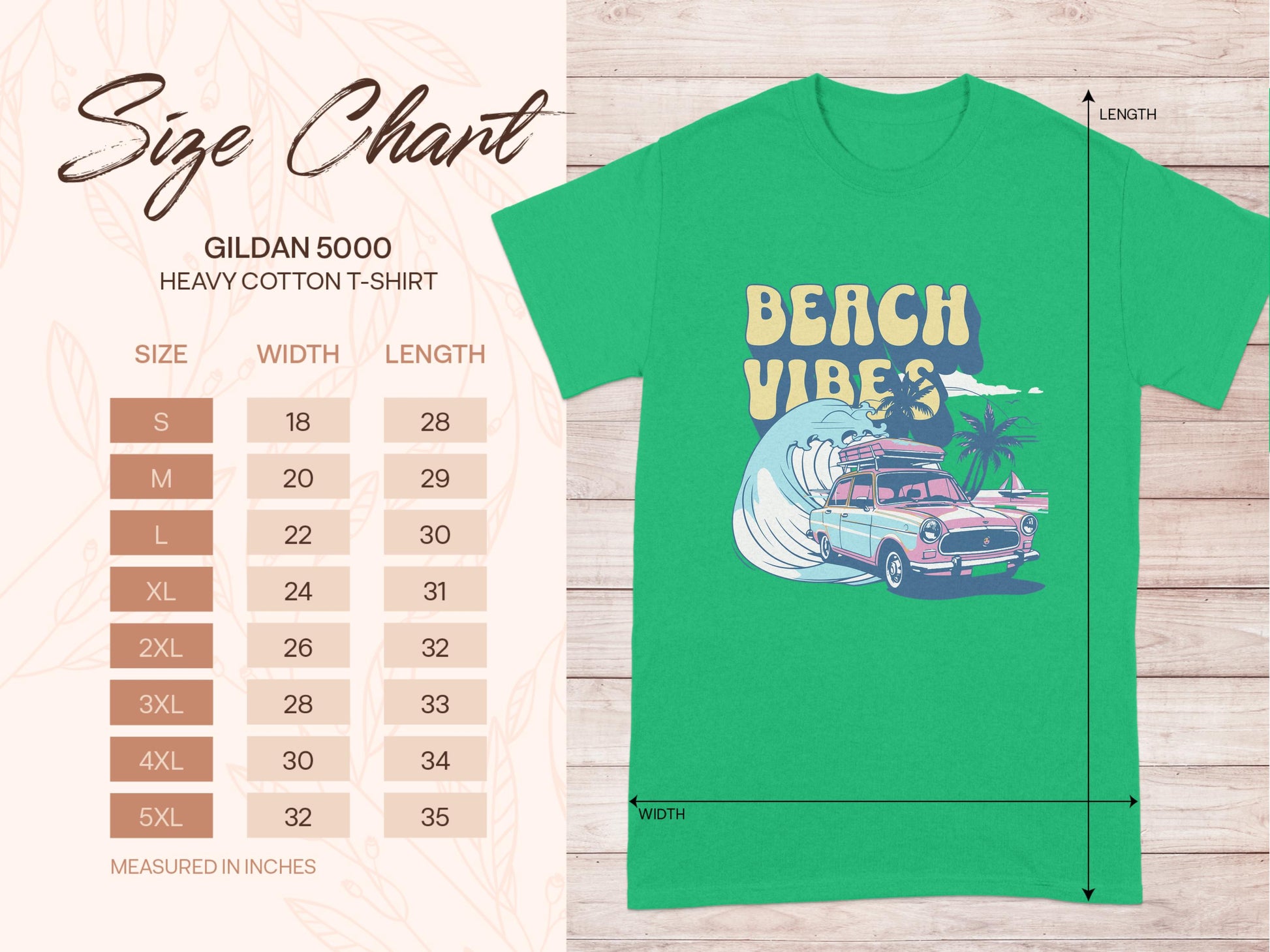 Garment Graphics green graphic t-shirt features Beach Vibes text with a classic car by the ocean, surfboards, and palm trees. The size chart on the left provides width and length in inches for sizes S to 5XL.