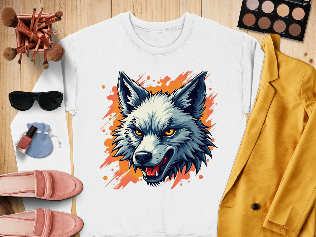 A Garment Graphics wolf graphic sweatshirt with orange paint splashes is displayed on a wooden surface, surrounded by a yellow blazer, pink shoes, sunglasses, makeup brushes, an eyeshadow palette, and pink nail polish—ideal for embracing your wild side.
