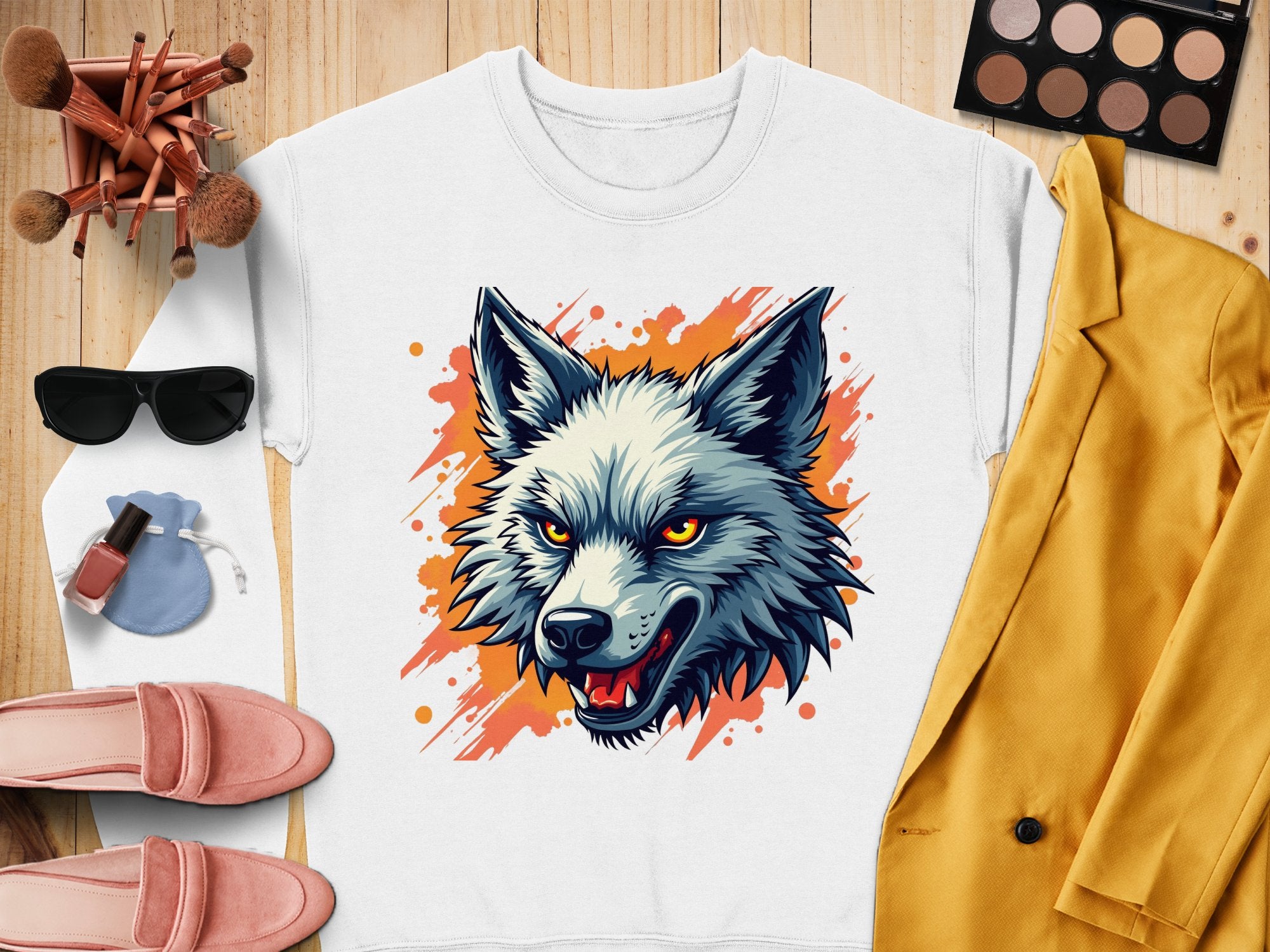 A Garment Graphics wolf graphic sweatshirt with orange paint splashes is displayed on a wooden surface, surrounded by a yellow blazer, pink shoes, sunglasses, makeup brushes, an eyeshadow palette, and pink nail polish—ideal for embracing your wild side.