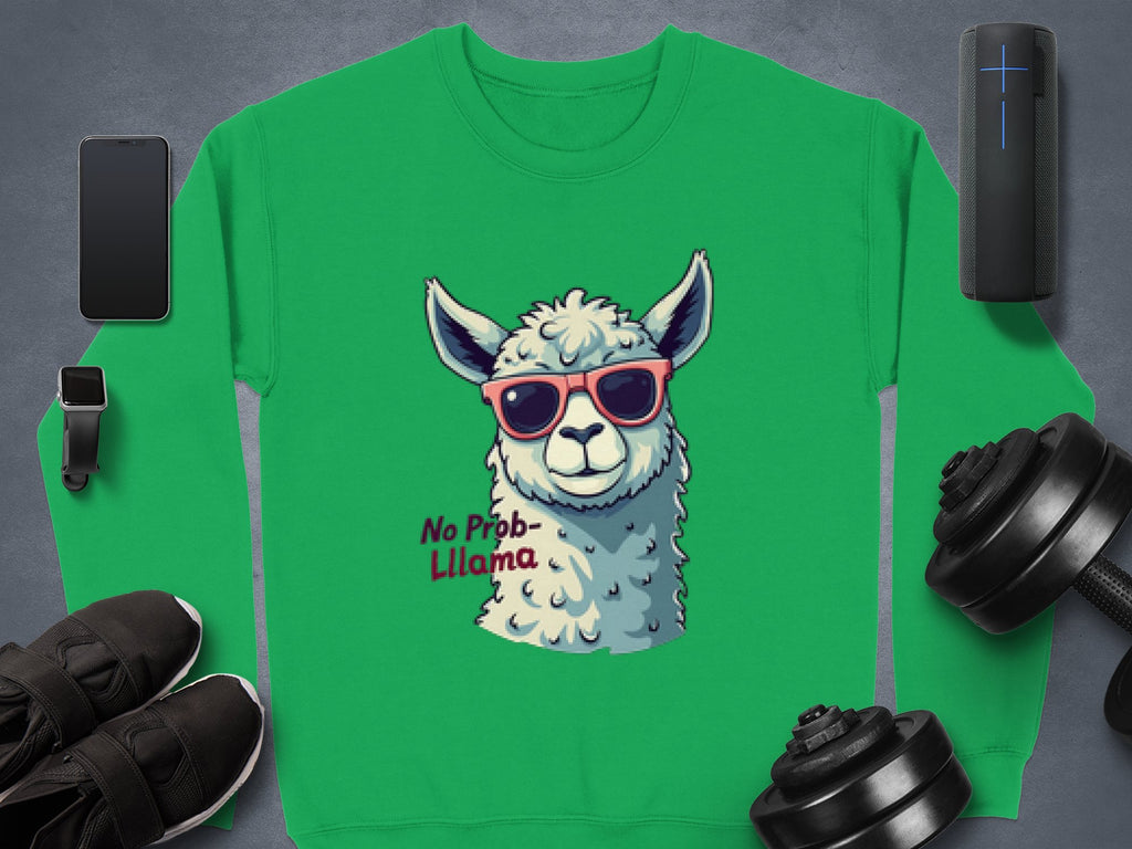 The Garment Graphics unisex sweatshirt features a green llama in red sunglasses with the text No Prob-Llama. Displayed amid a smartwatch, smartphone, wireless speaker, dumbbells, athletic shoes, and a small plant on a gray background.