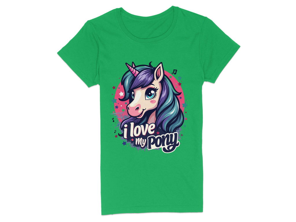 A vibrant green t-shirt from Garment Graphics features a colorful unicorn with a horn, long hair, and big eyes. I Love My Pony is boldly printed on the front amidst whimsical stars and music notes, making it perfect for unicorn enthusiasts.