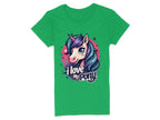 A vibrant green t-shirt from Garment Graphics features a colorful unicorn with a horn, long hair, and big eyes. I Love My Pony is boldly printed on the front amidst whimsical stars and music notes, making it perfect for unicorn enthusiasts.