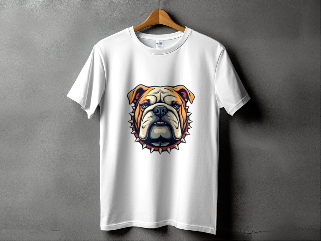 A white T-shirt from Garment Graphics hangs on a wooden hanger against a gray backdrop, featuring a bulldog with a spiked collar design. Ideal for family sizes.