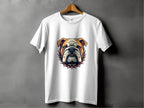 A white T-shirt from Garment Graphics hangs on a wooden hanger against a gray backdrop, featuring a bulldog with a spiked collar design. Ideal for family sizes.