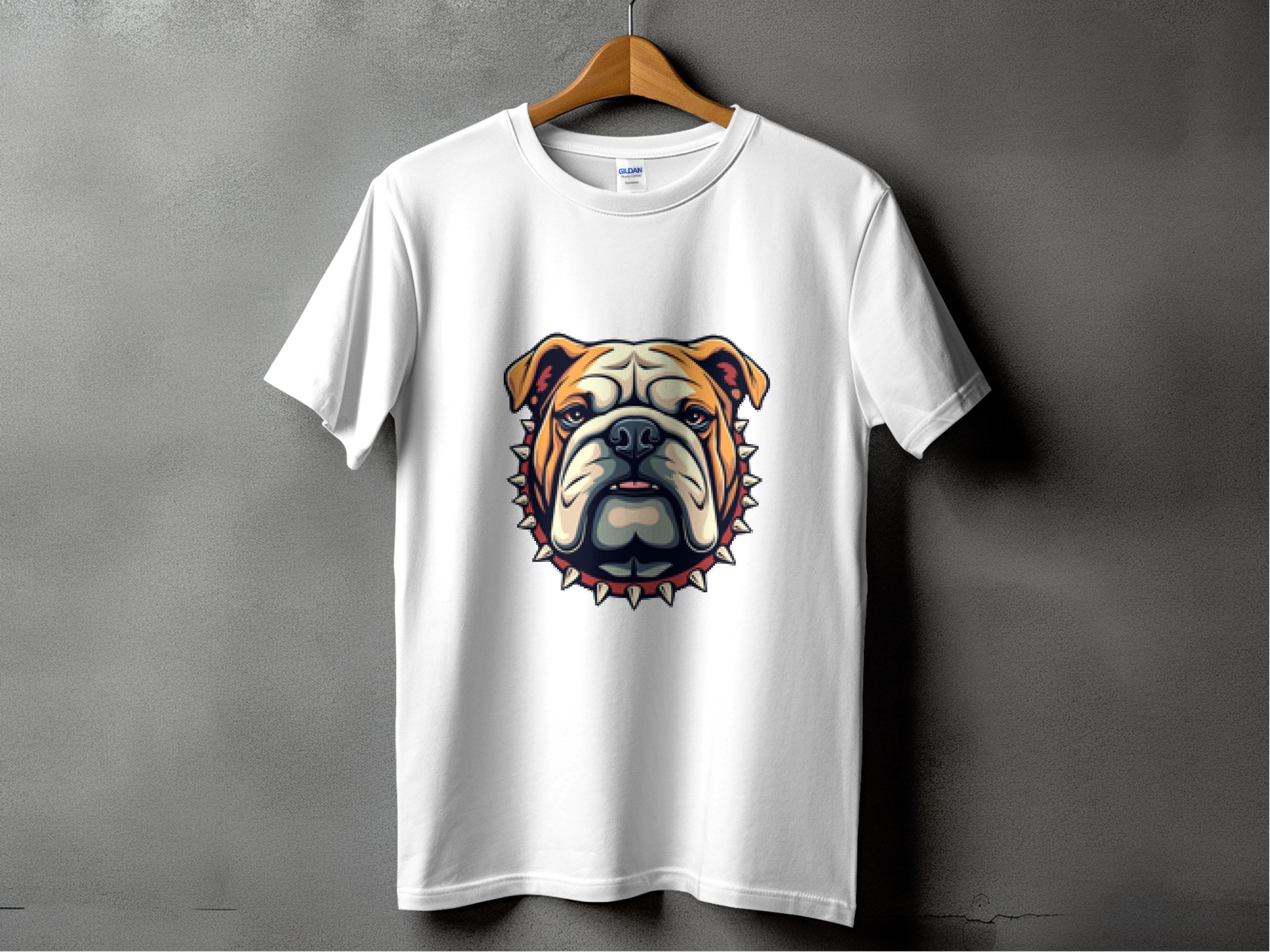 A white T-shirt from Garment Graphics hangs on a wooden hanger against a gray backdrop, featuring a bulldog with a spiked collar design. Ideal for family sizes.