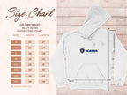 Size chart for Garment Graphics hooded sweatshirt on the left, sizes S to 5XL with width and length in inches. On the right, a trendy white hoodie featuring a Scania logo with measurement guidelines displayed.