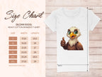 The Garment Graphics 5000L heavy cotton womens cartoon T-shirt size chart (S-3XL) with width and length in inches is on the left. On the right is a white T-shirt with an eagle giving a thumbs up, ideal for animal lovers!.