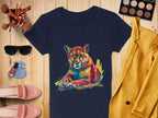 A flat lay image featuring Garment Graphics navy T-shirt with a colorful puma design, complemented by a yellow jacket, makeup palette with brushes, sunglasses, pink shoes, nail polish, and a small blue purse on a wooden background.