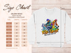 The image features a size chart for the Garment Graphics Gildan 18000 Heavy Blend Crewneck Sweatshirt, styled urbanly. Unisex sizes range from small to 5XL, with width and length included. It has vibrant street dance graphics of two dancers and Risk Taker Street Dance 10th Final text.
