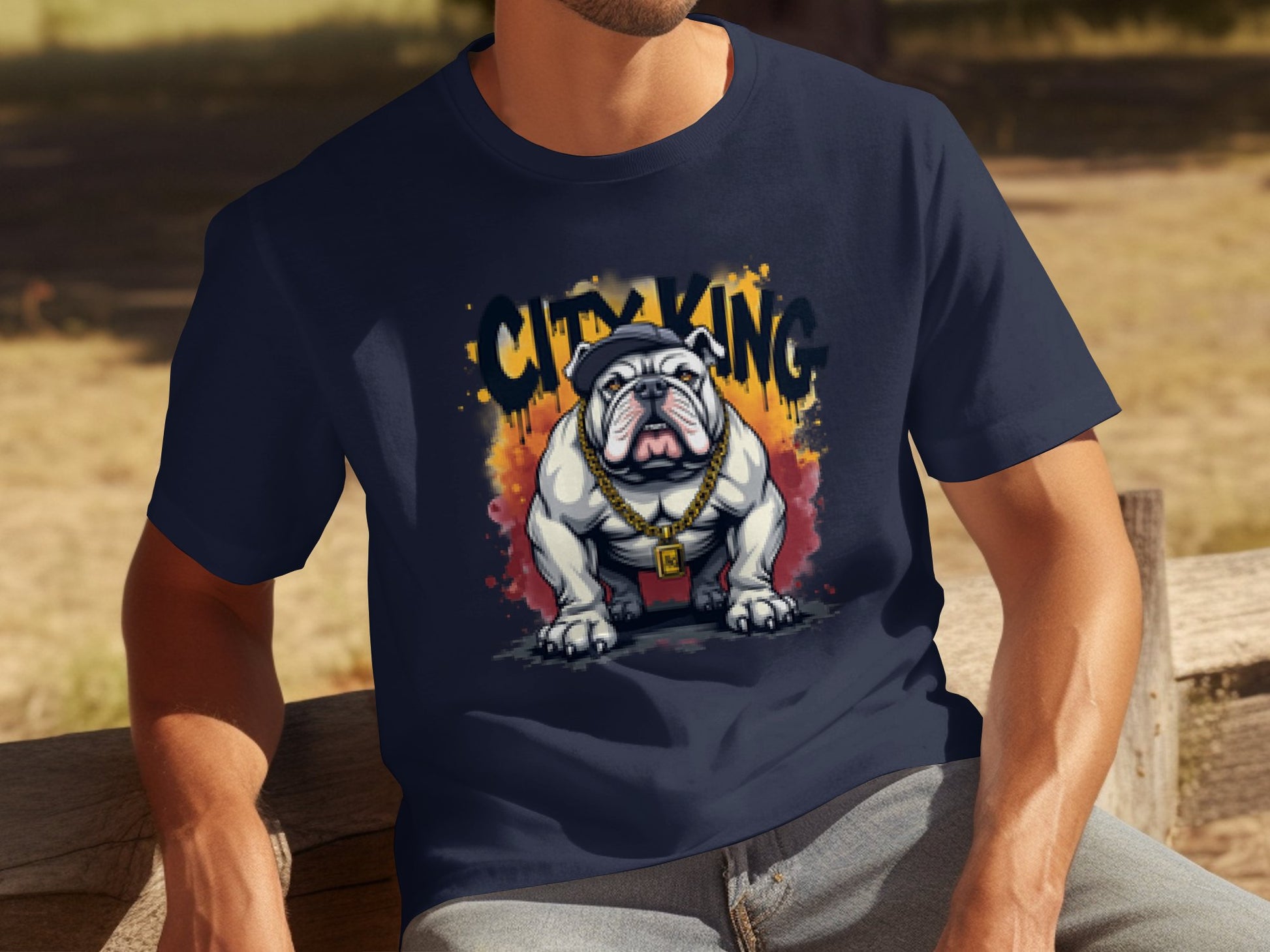 A person sits on a bench wearing a stylish navy blue Garment Graphics T-shirt featuring a bulldog with a gold chain and City King in bold letters, against bright yellow and orange splashes.