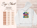 Featuring a bold graphic with Loud & Proud text, the Garment Graphics Gildan 18500 heavy blend hoodie size chart is displayed, offering measurements from S to 5XL in inches for width and length alongside a striking white hoodie.