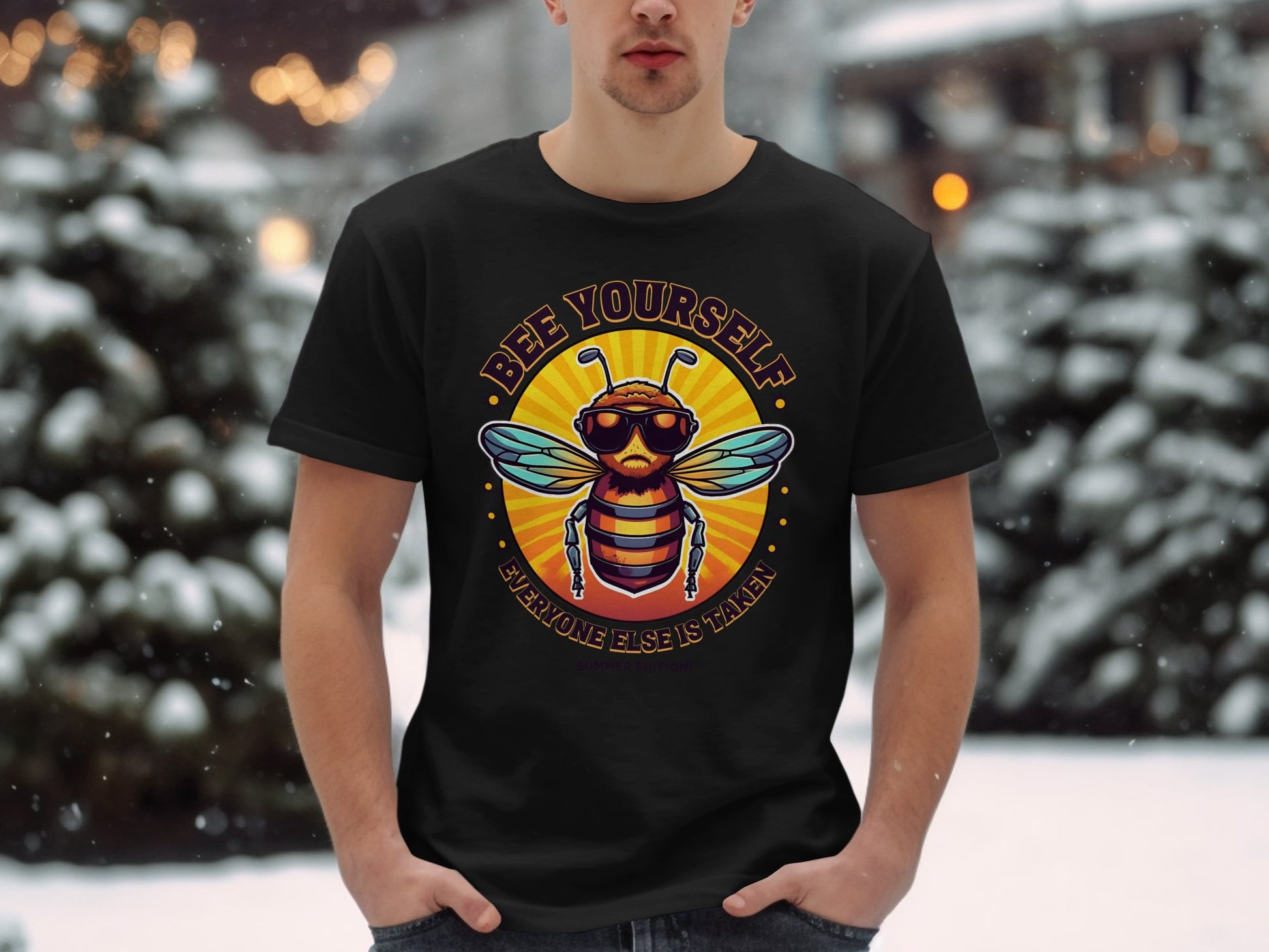 In a snowy outdoor scene, someone wears a Garment Graphics black t-shirt with a bee in sunglasses and the text Every One Else Is Taken on a sunset backdrop. Snow-covered trees blur in the background, providing ideal inspiration for matching family outfits.