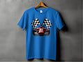 Designed for motorsport enthusiasts, Garment Graphics presents a stylish T-shirt featuring a red race car with two black and white checkered flags against a sleek gray background. The blue fabric is elegantly displayed on a wooden hanger, making it perfect for any fan.