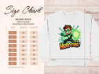 The Garment Graphics size chart shows measurements for the Its Herotime sweatshirt, featuring a cartoon character in a green suit, text Its Hero Time! on a wooden texture with leaf design—ideal for adventure-loving youth.