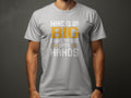 A person wears a Garment Graphics tee in gray featuring the humorous text, Mine is so big I have to use both hands, with big and hands highlighted in yellow and white on a plain, dark background—ideal for fishing fans.