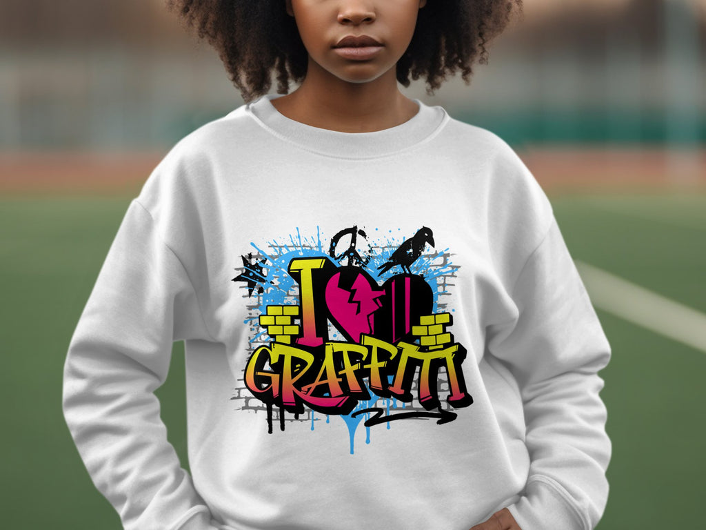 On a sports field, someone wears an artistic Garment Graphics sweatshirt featuring I Love Graffiti in colorful graffiti-style text, highlighting a pink heart with splashes of blue and yellow paint in an urban design.
