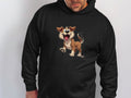 A person is wearing a Garment Graphics black hoodie featuring a cartoon dog with big eyes and an open mouth, standing out on the white background - perfect for dog lovers.