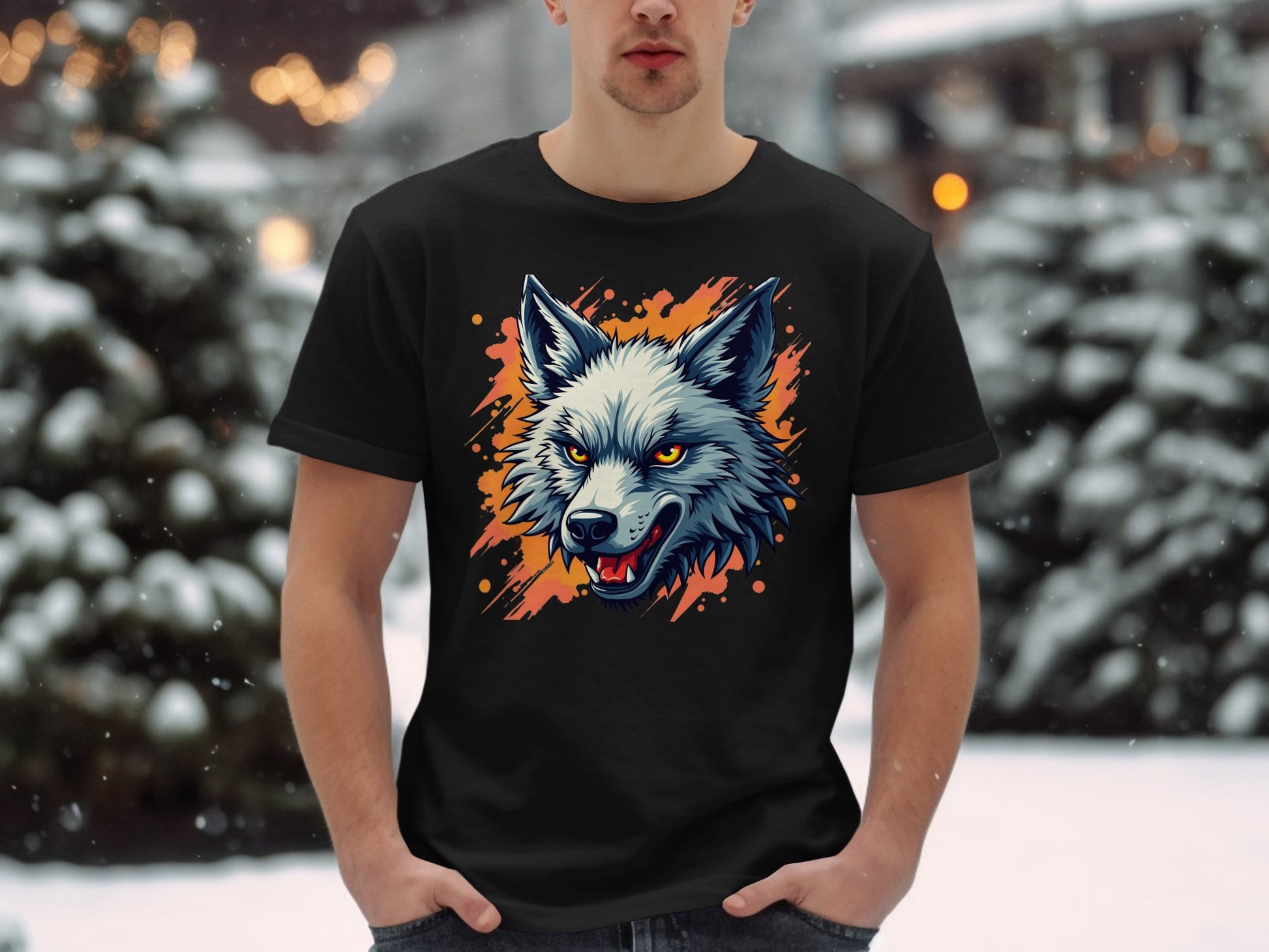 A person outdoors in a snowy setting wears a stylish Garment Graphics T-shirt, featuring a colorful wolf graphic with orange accents. Snow-covered trees and subtle lights complete the scene, showcasing fearless personality.