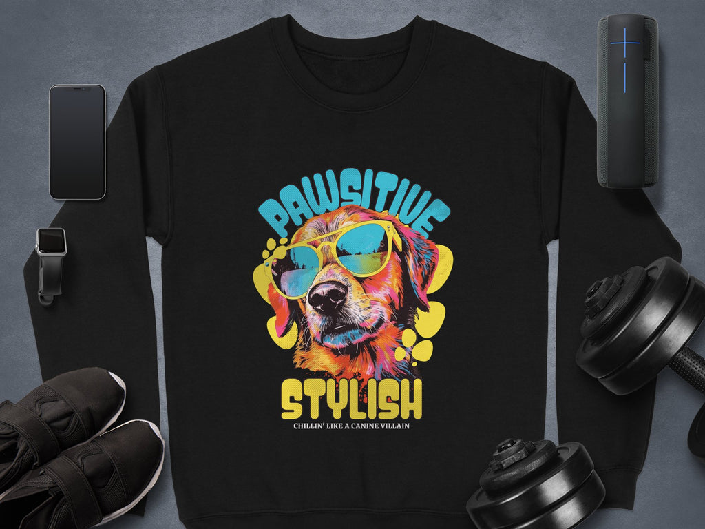 Garment Graphics offers a black sweatshirt with a vibrant dog graphic for dog lovers, featuring a canine in sunglasses and the text Pawsitive Stylish and Chillin like a Canine Villain. Nearby essentials include smartphone, wireless speaker, smartwatch, earbuds, running shoes, and dumbbells.