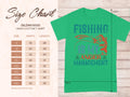 The green Fishing Is My Anger Management T-shirt by Garment Graphics, ideal for fishing fans, features a fish illustration. Check out the Gildan 5000 heavy cotton size chart, offering sizes S to 5XL with detailed width and length in inches.