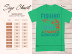 The green Fishing Is My Anger Management T-shirt by Garment Graphics, ideal for fishing fans, features a fish illustration. Check out the Gildan 5000 heavy cotton size chart, offering sizes S to 5XL with detailed width and length in inches.