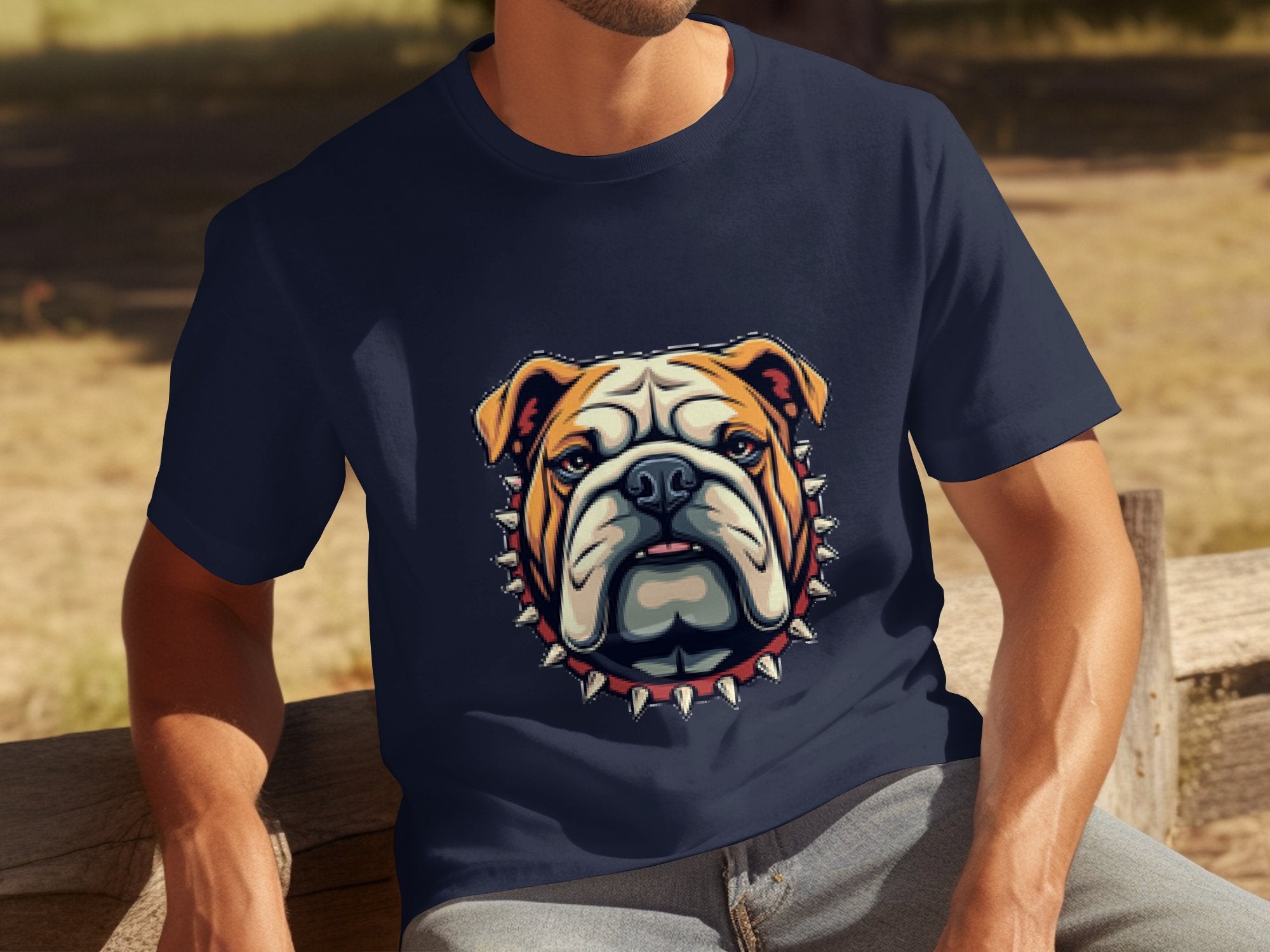 Outdoors, someone relaxes on a wooden bench wearing Garment Graphics navy T-shirt, showcasing a bulldog graphic with a spiked collar. The blurred greenery and sunlight create a chill atmosphere. Ideal for all ages, the design comes in family sizing.