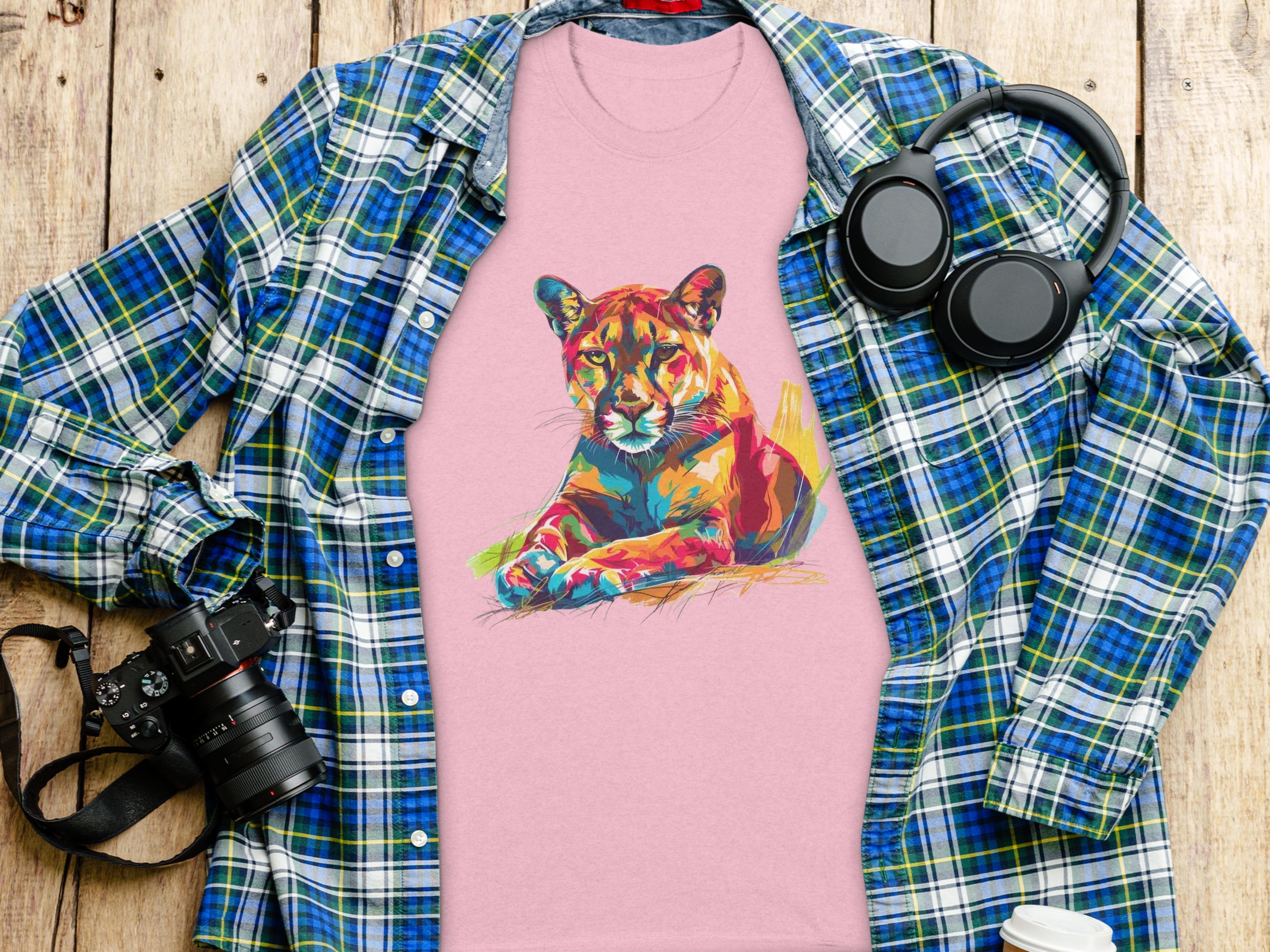 A Garment Graphics pink T-shirt with a colorful roaring cougar graphic is displayed on a wooden surface, surrounded by a blue and green plaid shirt, headphones, a camera, a coffee cup, and a smartphone.