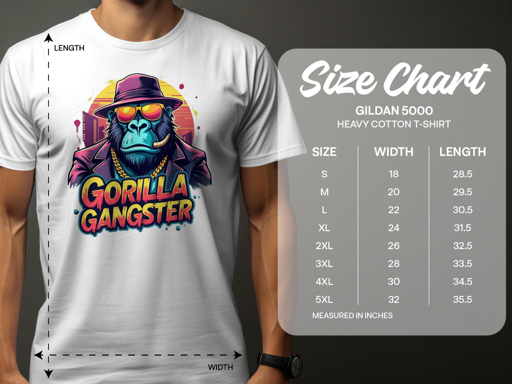 A person makes a bold statement wearing a Garment Graphics white t-shirt featuring the Gorilla Gangster design—a gorilla in a hat and sunglasses. Next to them, a Gildan 5000 heavy cotton size chart shows measurements from S to 5XL for graphic tee enthusiasts.