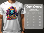 A person makes a bold statement wearing a Garment Graphics white t-shirt featuring the Gorilla Gangster design—a gorilla in a hat and sunglasses. Next to them, a Gildan 5000 heavy cotton size chart shows measurements from S to 5XL for graphic tee enthusiasts.