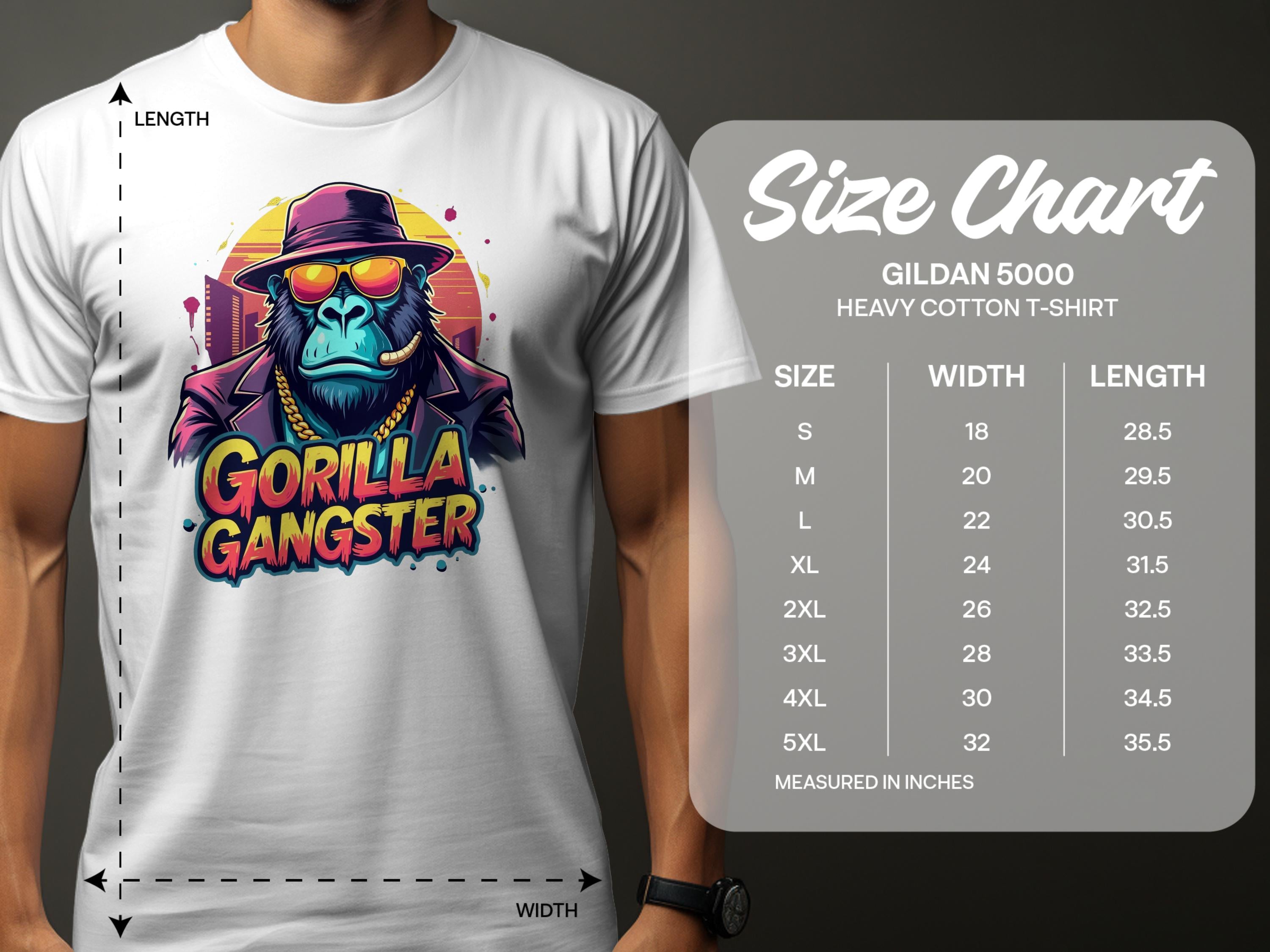 A person makes a bold statement wearing a Garment Graphics white t-shirt featuring the Gorilla Gangster design—a gorilla in a hat and sunglasses. Next to them, a Gildan 5000 heavy cotton size chart shows measurements from S to 5XL for graphic tee enthusiasts.