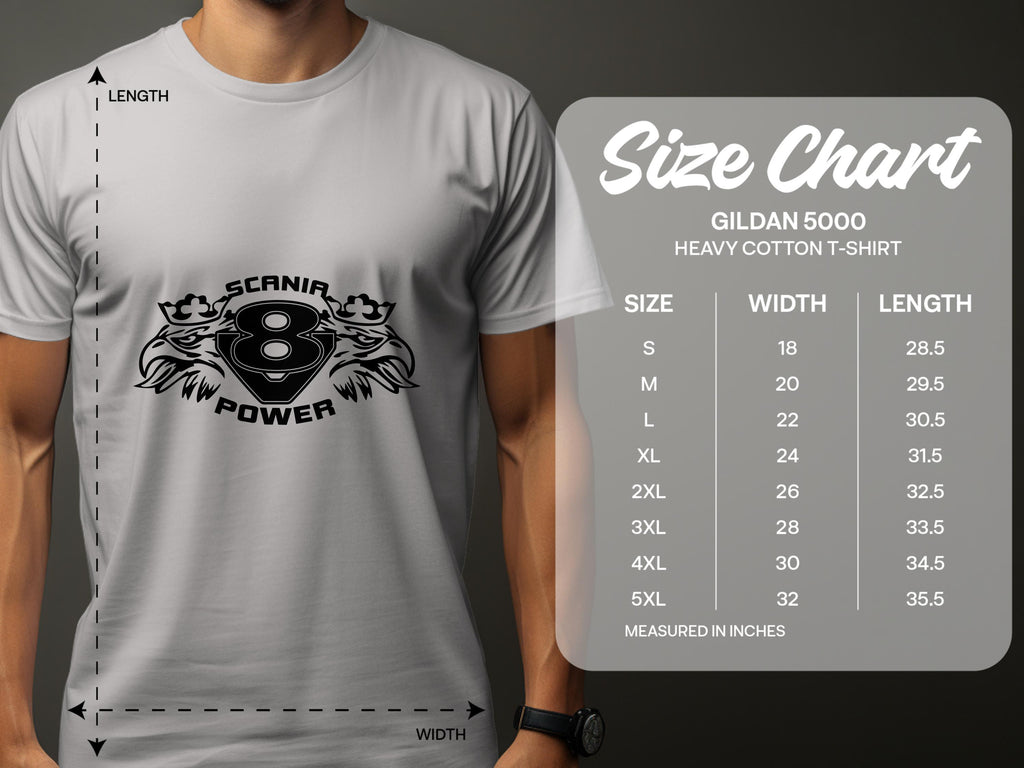 A person wearing a white Garment Graphics T-shirt with the Scanir Power logo and a tribal design stands by a Gildan 5000 size chart, displaying sizes Small to 5XL with width and length in inches.
