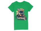 Garment Graphics green T-shirt features a bold graphic of a white semi-truck on the road with Keep On Trucking elegantly displayed above and below, making it a standout piece for any graphic design T-shirt collection.