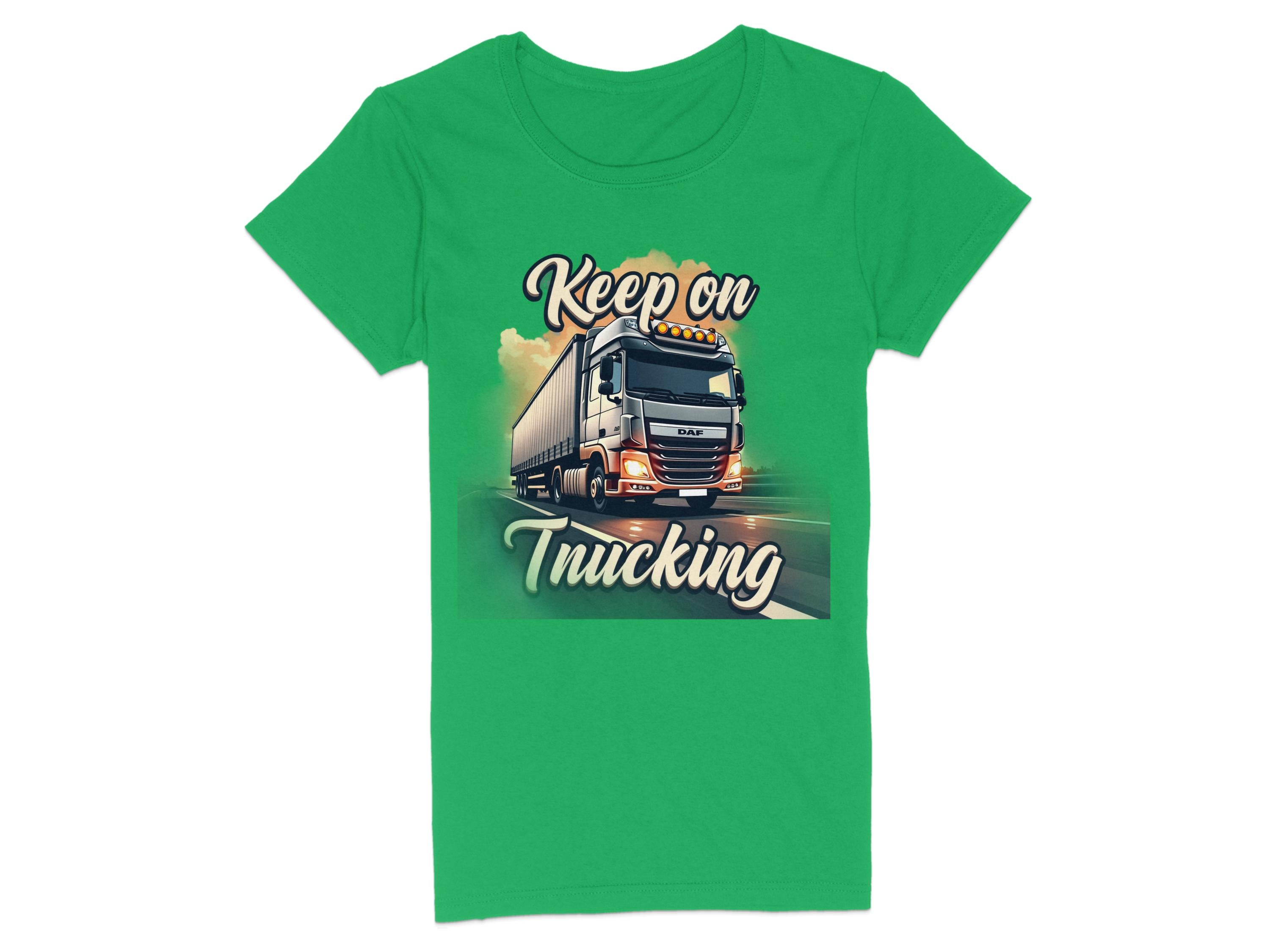 Garment Graphics green T-shirt features a bold graphic of a white semi-truck on the road with Keep On Trucking elegantly displayed above and below, making it a standout piece for any graphic design T-shirt collection.