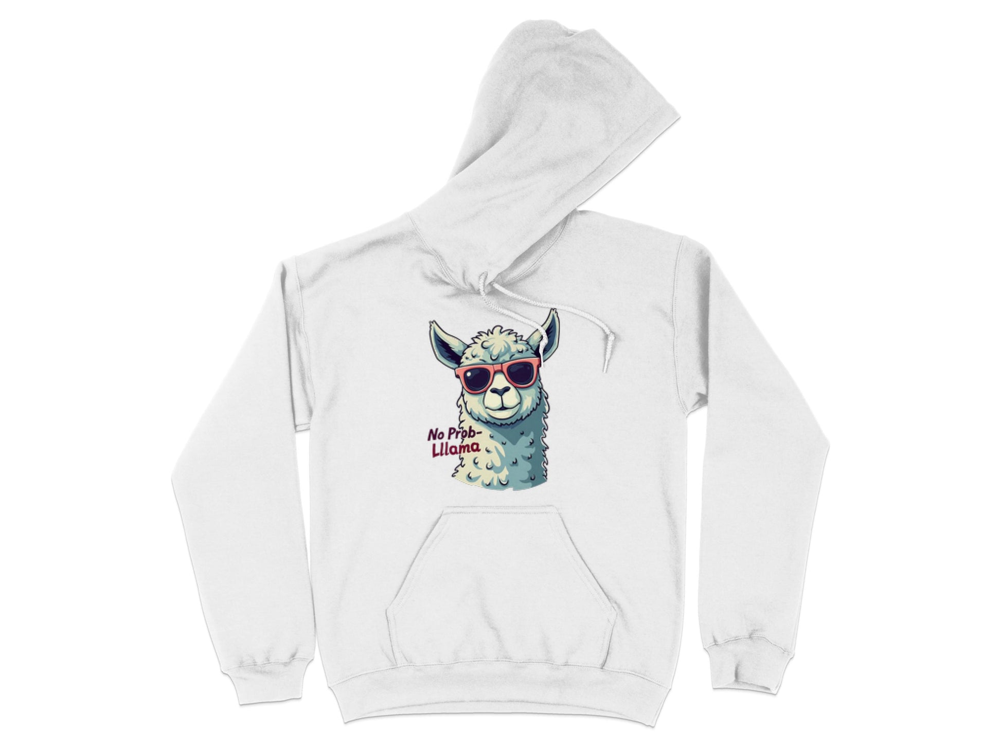 Garment Graphics presents a unisex hoodie featuring a graphic of a llama wearing sunglasses, with the playful text No Prob-Llama on a plain white background.