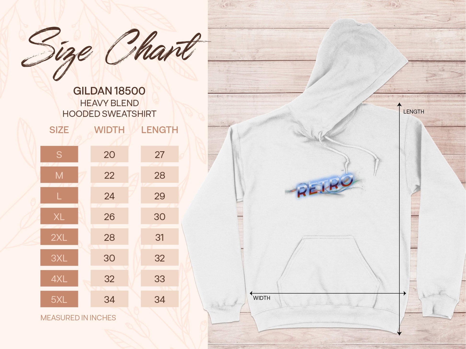 Garment Graphics offers a size chart for their Gildan 18500 heavy blend hooded sweatshirt, featuring a modern trendy look, sizes S to 5XL, vivid colors, and Retro 3D graphic. An arrow highlights width and length measurements in inches on the crisp white fabric.