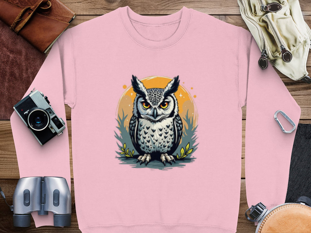 This pink unisex sweatshirt from Garment Graphics features an owl with an intense gaze against an orange and yellow circle. Styled with a camera, notebook, binoculars, bag, and climbing gear on a wooden surface.