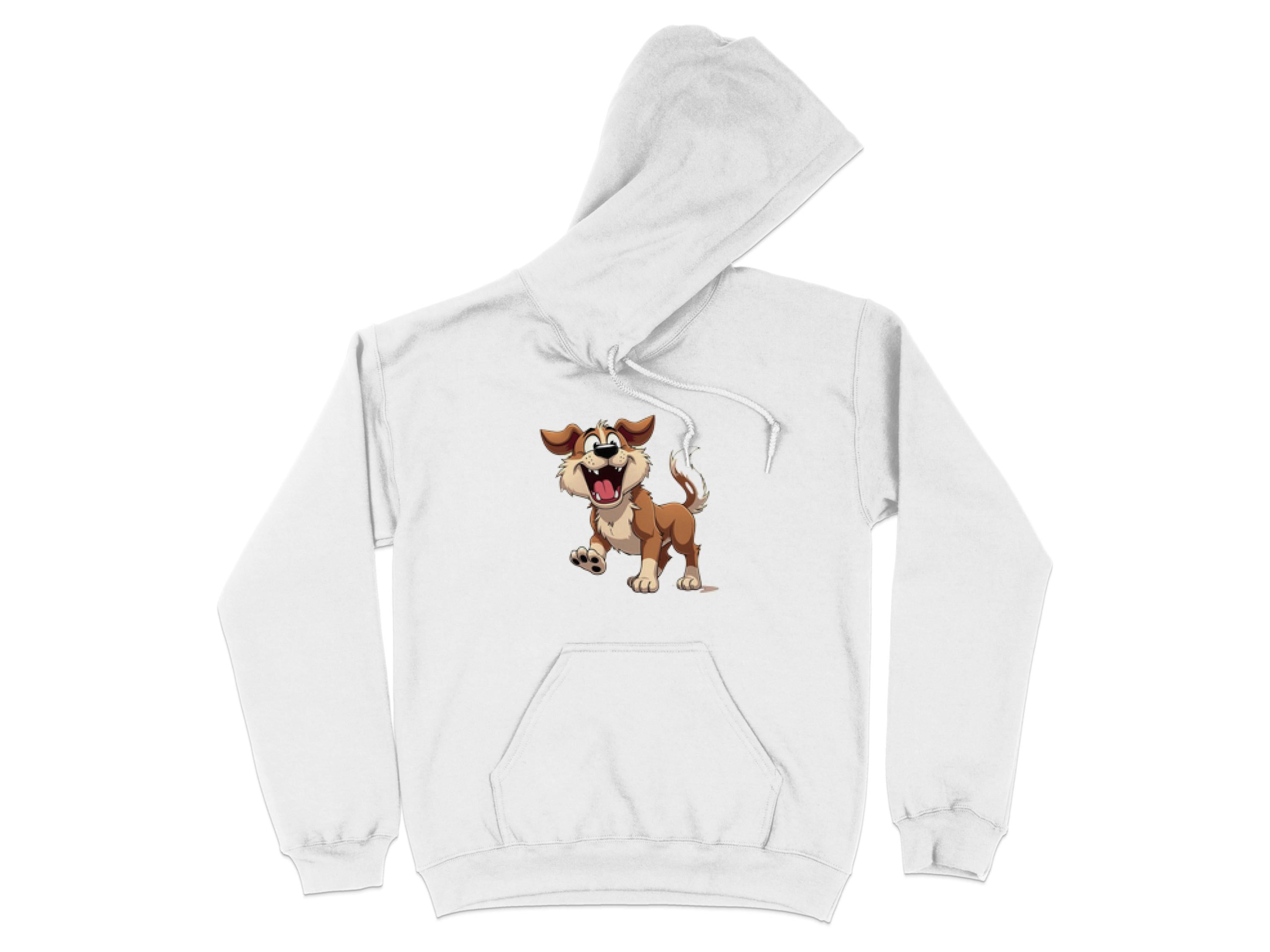 This fun cartoon puppy hoodie by Garment Graphics features a charming brown dog on its hind legs, playfully waving with a cheerful smile. Ideal for dog lovers, its set against a plain white background for added charm.
.