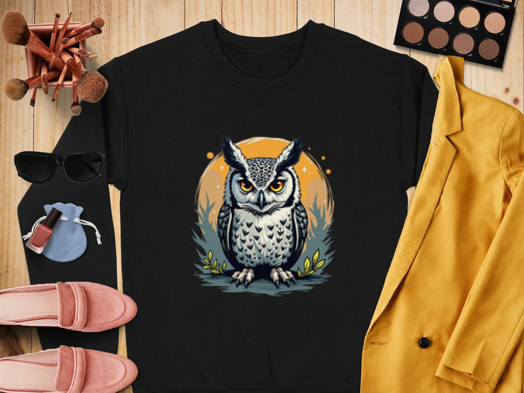 A black unisex sweatshirt by Garment Graphics, featuring an owl design in the center, is displayed on a wooden background surrounded by accessories: sunglasses, makeup brushes, eyeshadow palette, red lipstick, nail polish, pink shoes, a blue pouch, and a yellow blazer.