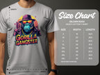 Someone is making a bold statement in a white Garment Graphics t-shirt with a Gorilla Gangster in a hat and sunglasses. This trendy Gildan 5000 graphic tees size chart ranges from S to 5XL, providing width and length measurements in inches.