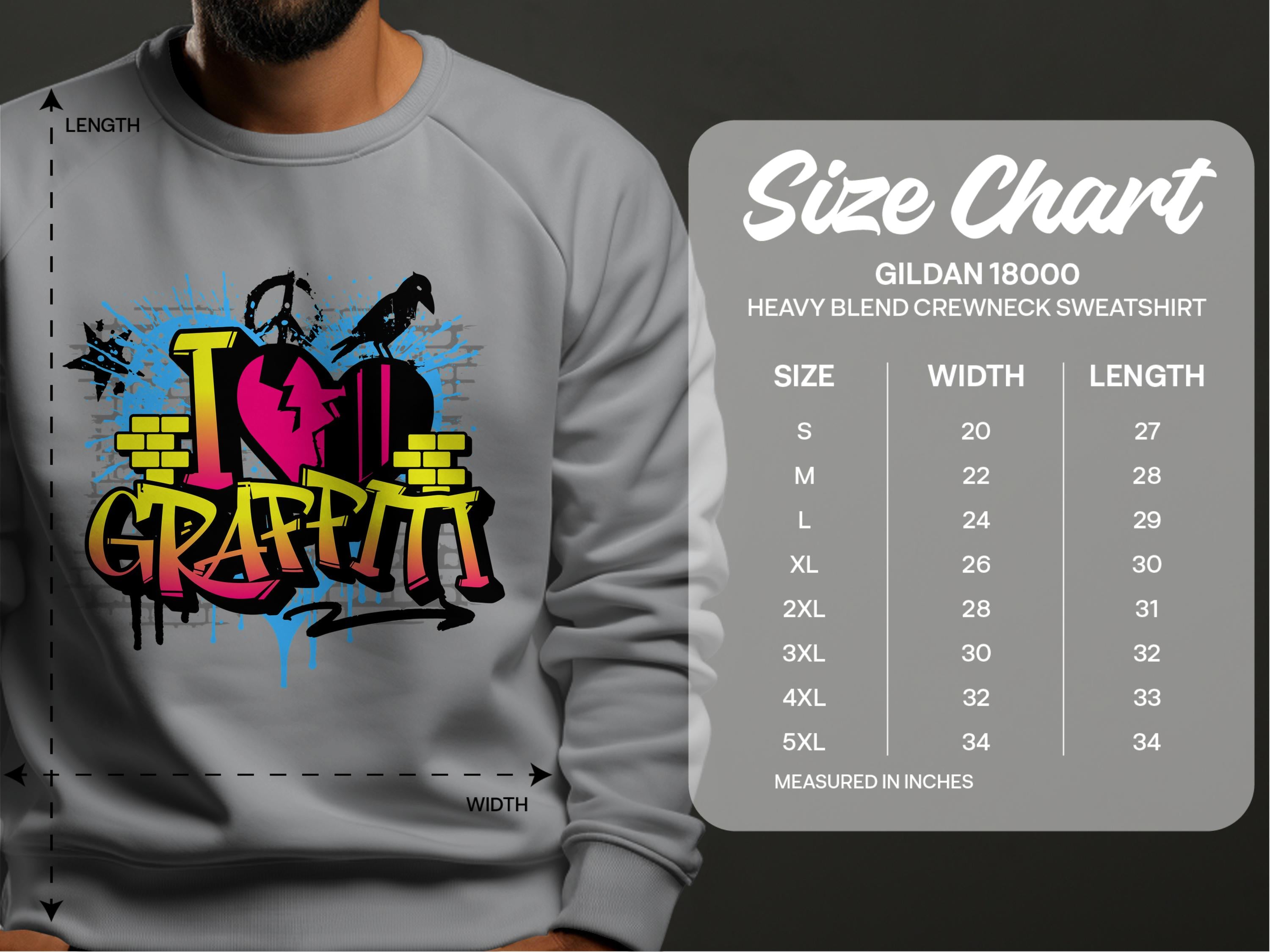 A gray Garment Graphics sweatshirt features vibrant I Love Graffiti street art with a pink heart and spray paint motifs. The accompanying size chart for the Gildan 18000 lists sizes S to 5XL with corresponding width and length in inches.