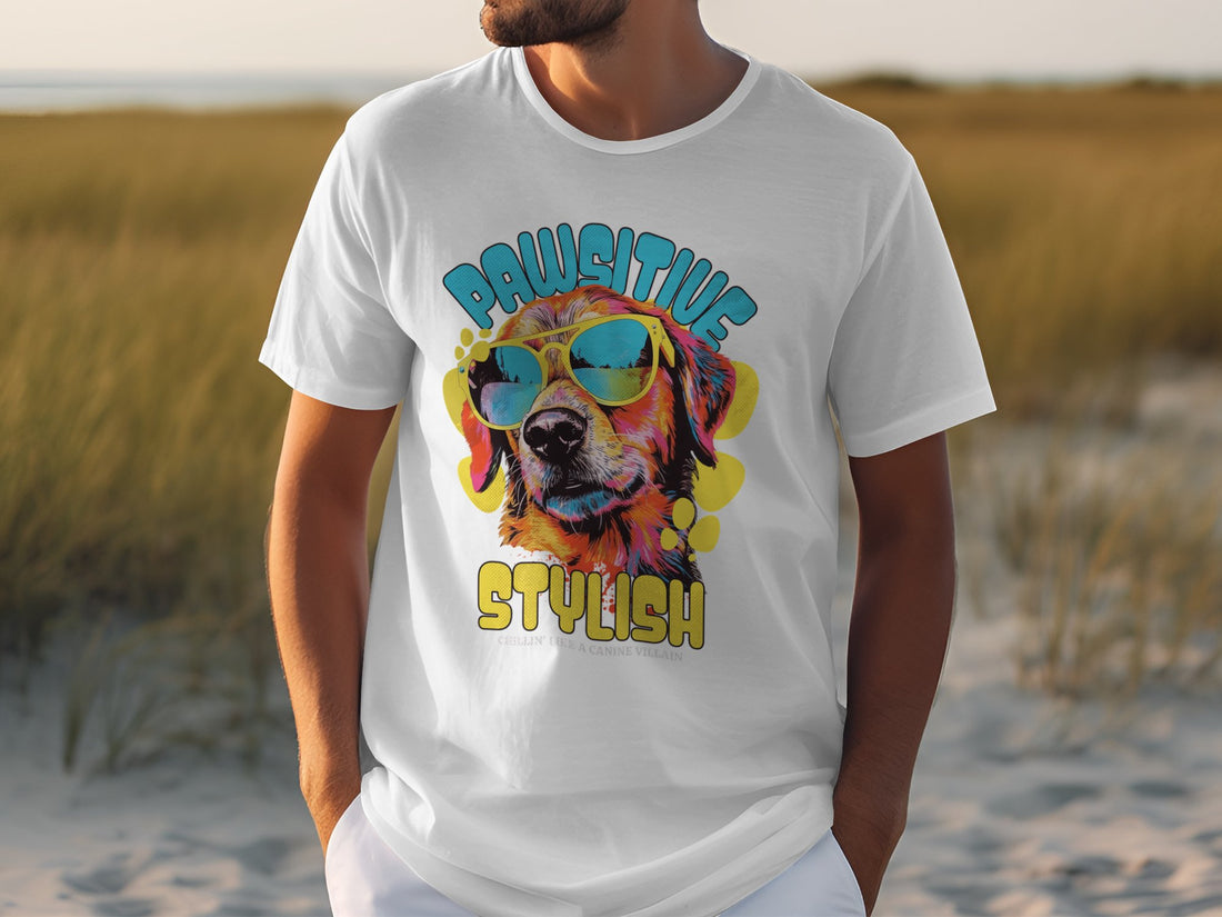 Sporting a white t-shirt by Garment Graphics, featuring a dynamic dog-in-sunglasses print and the phrase Pawsitive Stylish, someone captures the Chillin Like A Canine Villain vibe against sandy dunes and grassy patches under a wide blue sky.