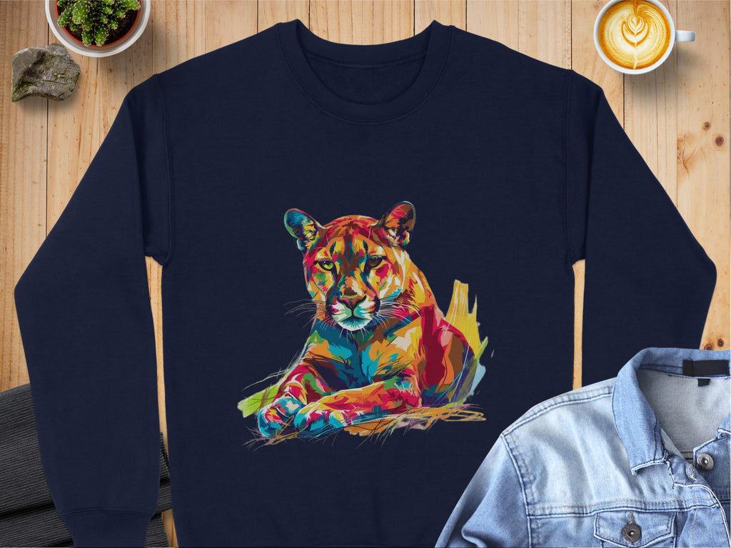 Garment Graphics presents a navy blue unisex sweatshirt featuring a vibrant lioness design, artistically depicted lying down. Its styled on a wooden surface with a cup of latte, denim jacket, and small potted plant.