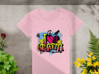Garment Graphics pink T-shirt showcases street art with a vibrant I Love Graffiti design. Set against gray, it features a heart amid blue, yellow, and pink splashes framed by green and yellow plants, perfect for urban art fans.