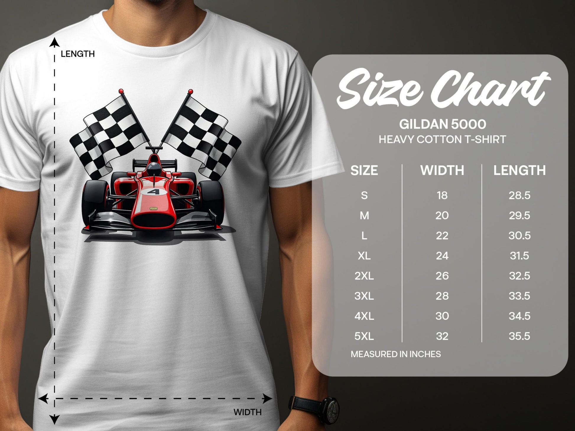 A motorsport enthusiast wears a stylish white Garment Graphics T-shirt featuring a red race car with two checkered flags. Next to them is the size chart for Gildan 5000 T-shirts, showing width and length measurements from S to 5XL in inches.
