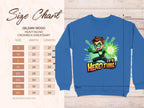 Garment Graphics blue sweatshirt showcases a vibrant cartoon character with green energy and the phrase Its Herotime! on the front, perfect for adventurous youth. A size chart on the left provides measurements from small to 5XL in inches.