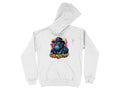 Garment Graphics white hoodie displays a blue cartoon gorilla sporting a fedora and pink sunglasses, with Gangster in stylized text on a smoky background. Made from medium-heavy fabric for comfort and style.