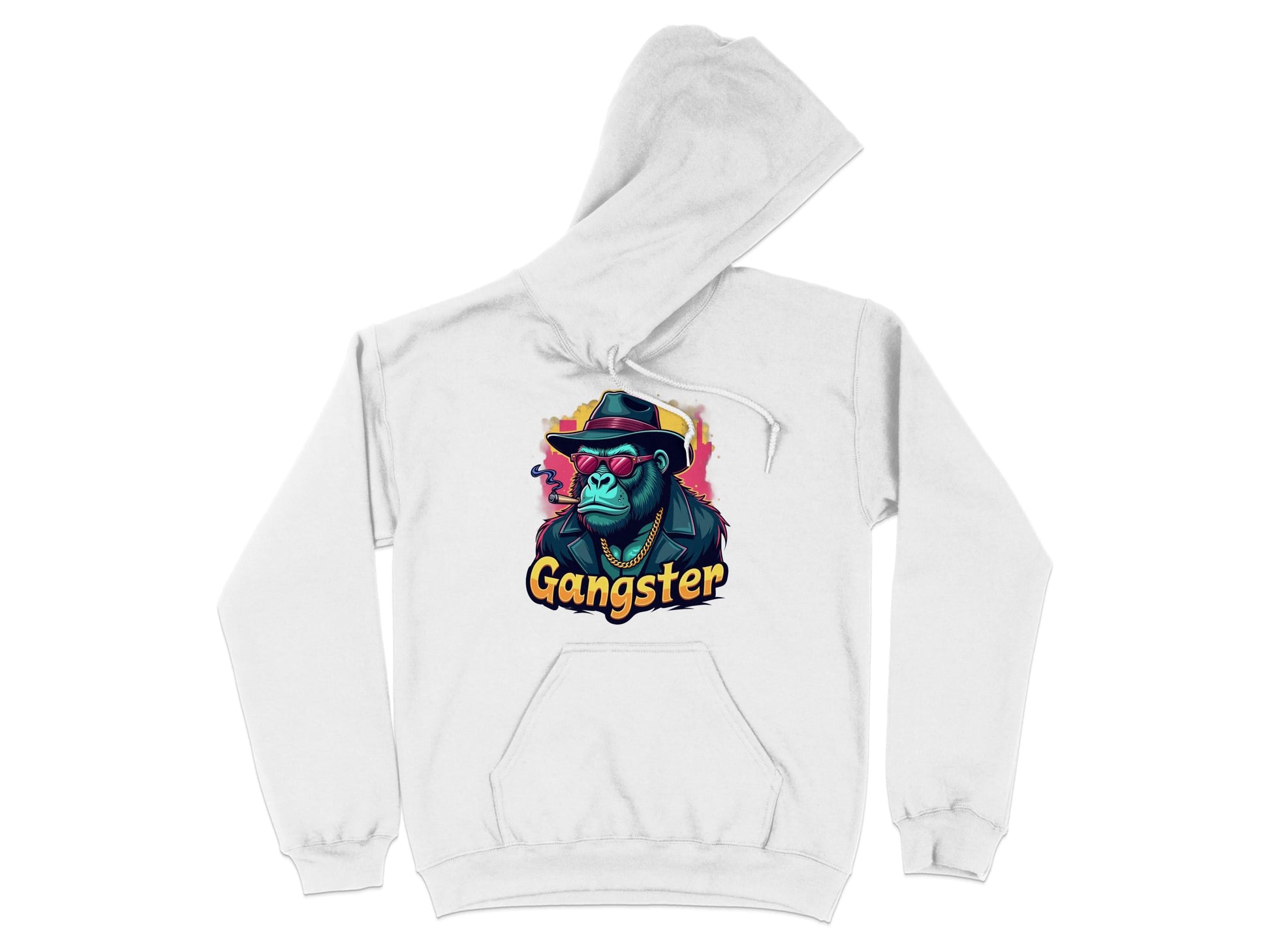 Garment Graphics white hoodie displays a blue cartoon gorilla sporting a fedora and pink sunglasses, with Gangster in stylized text on a smoky background. Made from medium-heavy fabric for comfort and style.